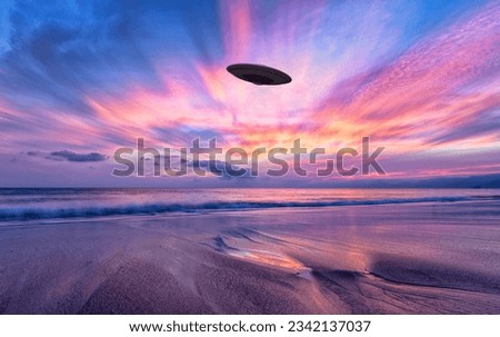 An Unidentified Flying Object Saucer Is Hovering In The Colored Surreal Sky Royalty-Free Stock Photo #2342137037