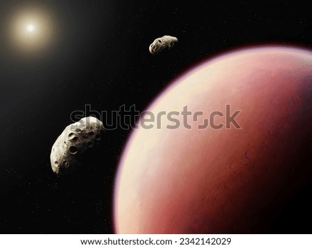 Phobos and Deimos over the surface of Mars. Asteroids satellites of the red planet in space. Close-up of Mars with the Moons. Royalty-Free Stock Photo #2342142029