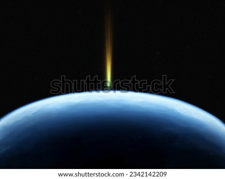 Large comet approached the Earth, as seen from space. Dangerous celestial body on the background of our planet. Royalty-Free Stock Photo #2342142209