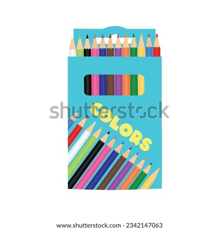 Color pencil box vector. Back to school concept. School supplies vector. Flat vector isolated on white background.  Crayon. Loosely arranged. Learning and education concept. Paper box.