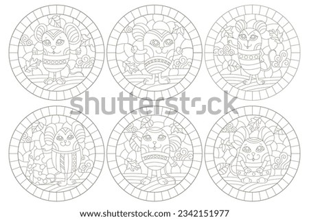 A set of contour illustrations in the style of stained glass with cute cartoon mice, dark contours on a white background