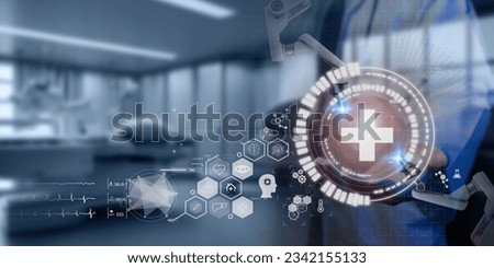 Digital healthcare on futuristic hologram concept. Artificial intelligence (AI) , Innovation and technology in healthcare for electronic health records, automated diagnosis, clinical decision making. Royalty-Free Stock Photo #2342155133