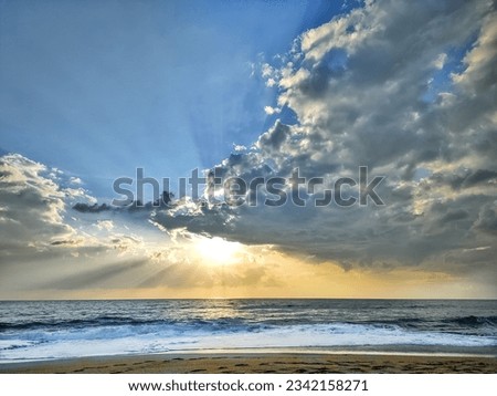 Panorama of seashore, beautiful sunset over sea, view from shore