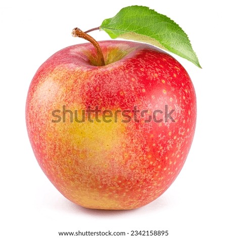Ripe red apple with green leaf isolated on white background.
