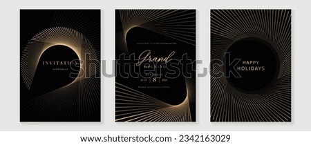 Luxury gala invitation card background vector. Golden elegant wavy gold line pattern on black background. Premium design illustration for wedding and vip cover template, grand opening. Royalty-Free Stock Photo #2342163029