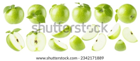 Juicy green apples rich set, whole and cut on half, slices with green leaves, tails, different sides isolated on white background. Summer fresh natural fruits as design elements. Royalty-Free Stock Photo #2342171889