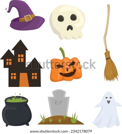 collection of isolated halloween elements, spooky halloween pumpkin, broom, skull, ghost, halloween spooky house