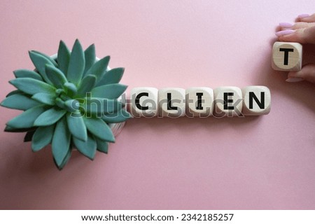 Client symbol. Concept word Client on wooden cubes. Businessman hand. Beautiful pink background with succulent plant. Business and Client concept. Copy space.