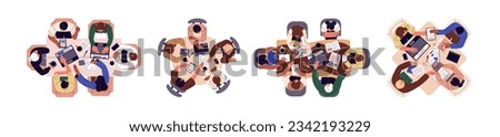 Work at table top view set. People study, discuss, planning, meeting, sitting around desk together in office. Teamwork in business, class, company, school. Flat isolated vector illustration on white Royalty-Free Stock Photo #2342193229