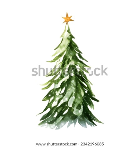 Hand drawn watercolor Christmas tree decorated with gold star on top.