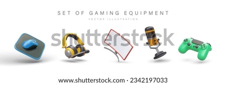 Collection of gaming equipment. Color 3D mouse with mat, headset, monitor, microphone, gamepad. Gadgets for modern online games. Device for web blogging, streaming Royalty-Free Stock Photo #2342197033