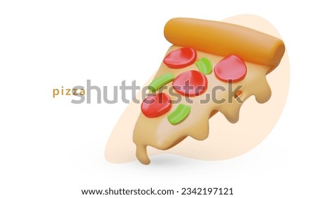 Concept with realistic illustration for pizzeria. Ordering hot dishes. Piece with crispy crust and melted cheese. Delivery of fresh pizza. Food for lunch and dinner. Image on colored background