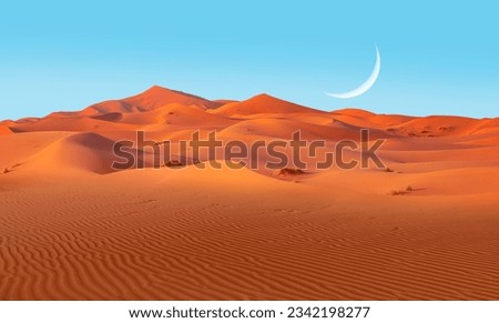 Sand dunes in the Sahara Desert, Merzouga, Morocco with crescent - Orange dunes in the desert of Morocco - Sahara desert, Morocco
