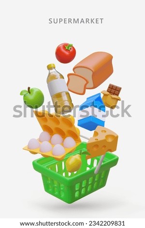 Vertical poster for supermarket. Shopping basket with collection of different products. Dairy produce, oil, cheese, bread for sandwich and fruits. Vector illustration with place for text Royalty-Free Stock Photo #2342209831
