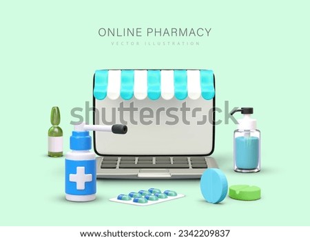 Vector composition for online pharmacy. Open laptop with shop canopy, medicines in different packaging. Ampoule, spray, tablet, capsule, sanitizer with dispenser. Care for health, hygiene, treatment Royalty-Free Stock Photo #2342209837