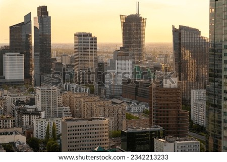 Panoramic view of modern skyscrapers and business centers in Warsaw. View of the city center from above. Warsaw, Poland. Royalty-Free Stock Photo #2342213233