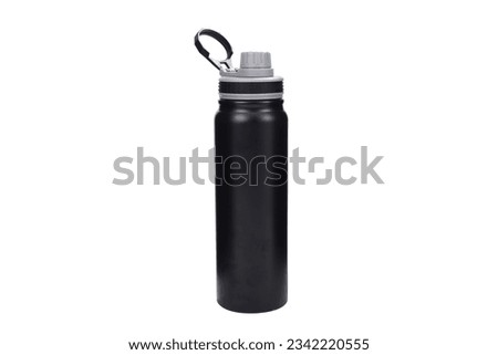 vacuum insulated water bottle  portable thermos for hot and cold drinks for travel and hiking. black color vacuum insulated thermos. black color water bottle.