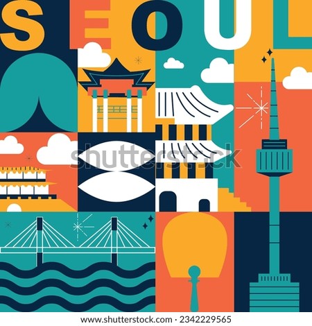 Typography word "Seoul" branding technology concept. Collection of flat vector web icons. Seoul culture travel set, famous architectures and specialties detailed silhouette. Korean famous landmark. Royalty-Free Stock Photo #2342229565