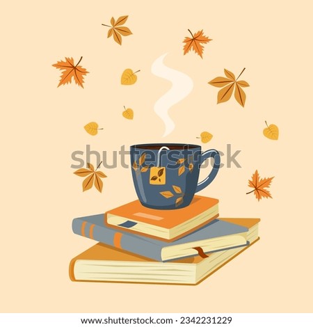 Vector autumn illustration of a cup of hot tea on books with falling autumn leaves. Cozy autumn. Autumn banner, image, postcard.
 Royalty-Free Stock Photo #2342231229