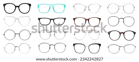 Set with different eyeglasses isolated on white Royalty-Free Stock Photo #2342242827