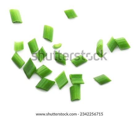 Fresh chopped green onion isolated on white, top view Royalty-Free Stock Photo #2342256715