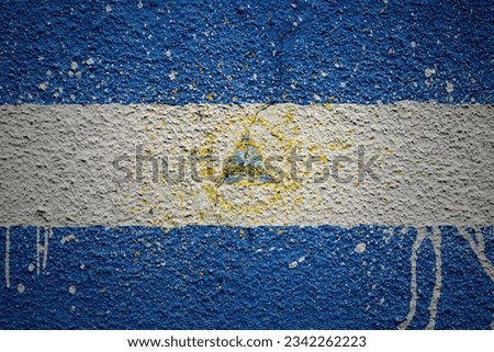 colorful painted big national flag of nicaragua on a massive old cracked wall