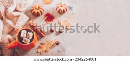 Autumn still life. Cocoa mug and marshmallow, pumpkin candles, knitted sweater, cinnamon sticks and autumn leaves. Top view, flat lay. Banner for web site