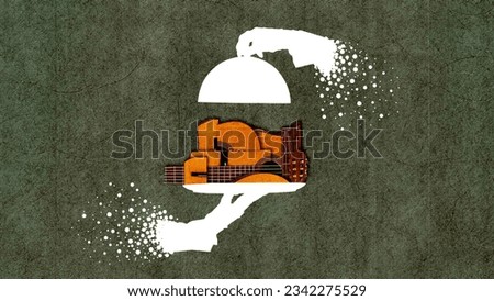 Serving good music. Creative image of guitar over dark green vintage background. Contemporary art collage. Concept of music, festival, creativity, minimalist, surrealism. Poster, ad