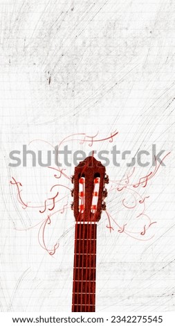 Vertical design with guitar and chords over light background. Preparation of instruments. Contemporary art collage. Concept of music, festival, creativity, minimalist, surrealism. Poster, ad