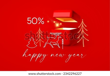 Christmas Sale design template with open gift box and line art New Year celebration elements