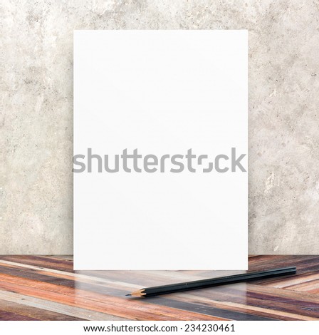 White Blank Poster in cement wall and diagonal wooden floor room  with black pencil  ,Template Mock up for your content,Business presentation