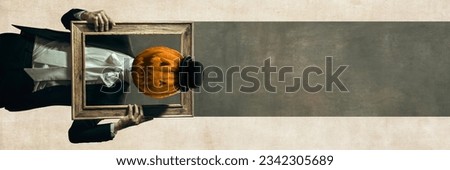 Portrait of medieval person, man in elegant suit with pumpkin head holding picture frame. Contemporary art collage. Concept of Halloween, party, celebration, surrealism, fantasy. Poster, ad. Banner