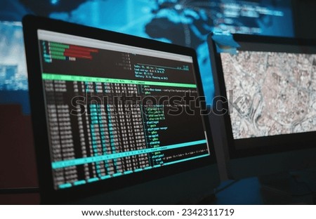 Computer screen, cybersecurity and technology background for surveillance, data analytics and worldwide coding. Gdpr, html hacking and satellite software development on monitor, global map and night