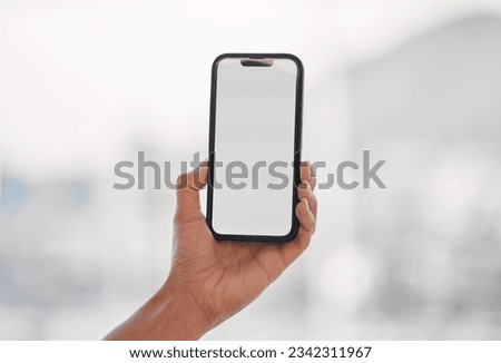 Closeup, mockup and hand with a smartphone, screen and social media with network, connection and email. Cellphone, person and contact with mobile app, blank ux and chat with data, sms and message