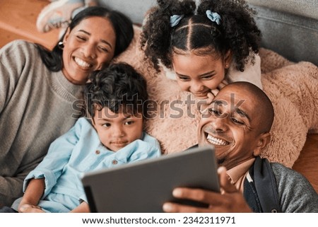 Family, children and parents on tablet for movie, film or cartoon streaming on internet subscription and living room floor. Home, selfie and happy mom, dad and kids watch on digital technology