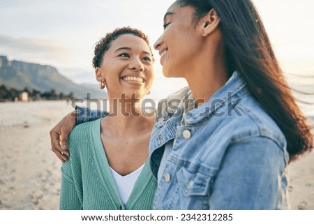 Beach, hug and queer couple with love, lgbtq and happiness with marriage, sunset or adventure. Lesbian, female people or women on a seaside holiday, vacation or quality time with a journey or embrace Royalty-Free Stock Photo #2342312285