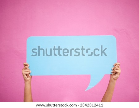 Social media, hands and communication speech bubble mockup or opinion, review or feedback space for advertising placement. Quote, dialogue box and person with a sign or billboard, banner or chat Royalty-Free Stock Photo #2342312411