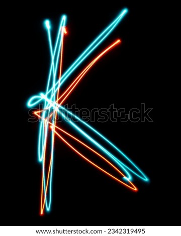 Letter K of the alphabet made from neon sign. The blue red light image, long exposure with colored fairy lights, against a black background. Concept of design