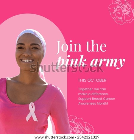 Breast cancer awareness month text with happy biracial woman with ribbon on pink t shirt. Breast cancer health awareness month, join the pink army campaign, digitally generated image.