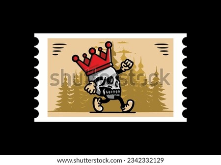Illustration design of a Walking skull wearing a big crown