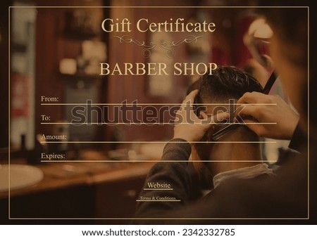 Gift certificate, barber shop text and detail space over caucasian female barber and male client. Barber shop gift voucher certificate template concept digitally generated image.