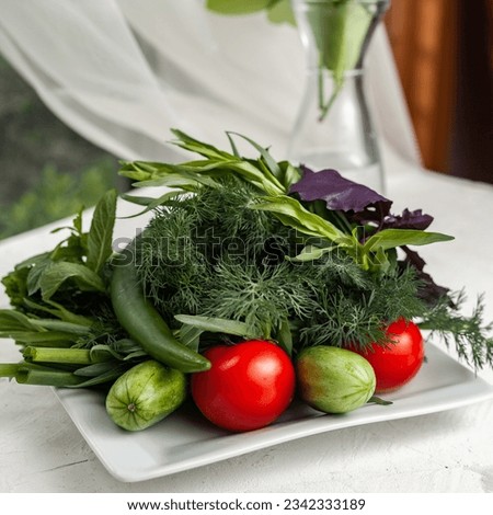 
Vegetables pictures. Greens photos for restaurant and cafe menu. Vegetable bouquet, cucumber and tomato photos