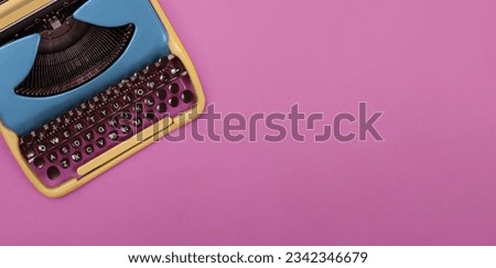 Copywriter. Vintage typewriter on pink background, top view. Banner design with space for text