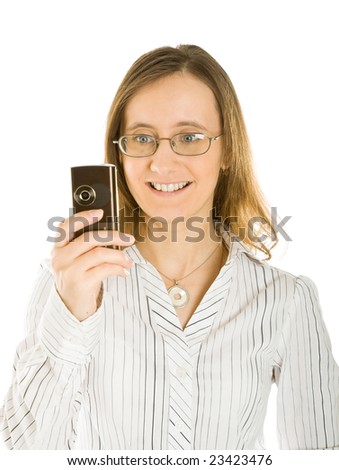Young woman take a picture with a mobile phone camera. Isolated on white background