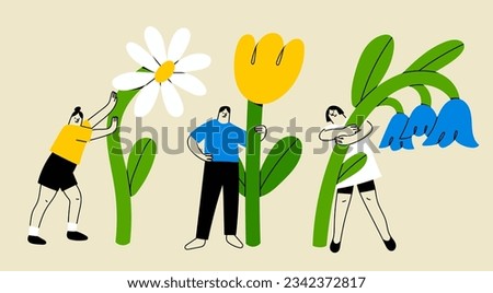 Various people with a giant Flowers. Young person holding flower. Cute funny isolated characters. Cartoon style. Hand drawn Vector illustration. Flower delivery service, florist, botanical concept