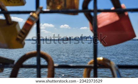 Vancouver Skyline Through Mesh Fence with Locks in Daytime