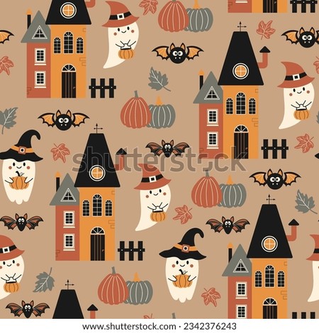 Halloween seamless pattern. Vector illustration of Halloween party. Ghost, pumpkins, houses and bat on a beige background. Vector cartoon seamless pattern.
