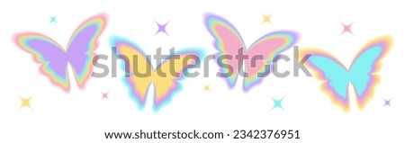 Butterfly trippy sticker. Y2k blurry gradient butterfly shape with sparkle or stars. Pastel holographic aura elements, aesthetic retro shapes with blur effect. Isolated vector illustration Royalty-Free Stock Photo #2342376951