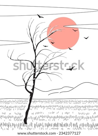 Nature scene with red sun, monochrome hills, flying birds, snow covered tree in field. Serenity landscape vector minimalistic illustration.