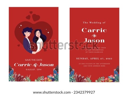 Set of wedding cards, Invitation, save the date template. Newlywed couple cartoon style. Vector.